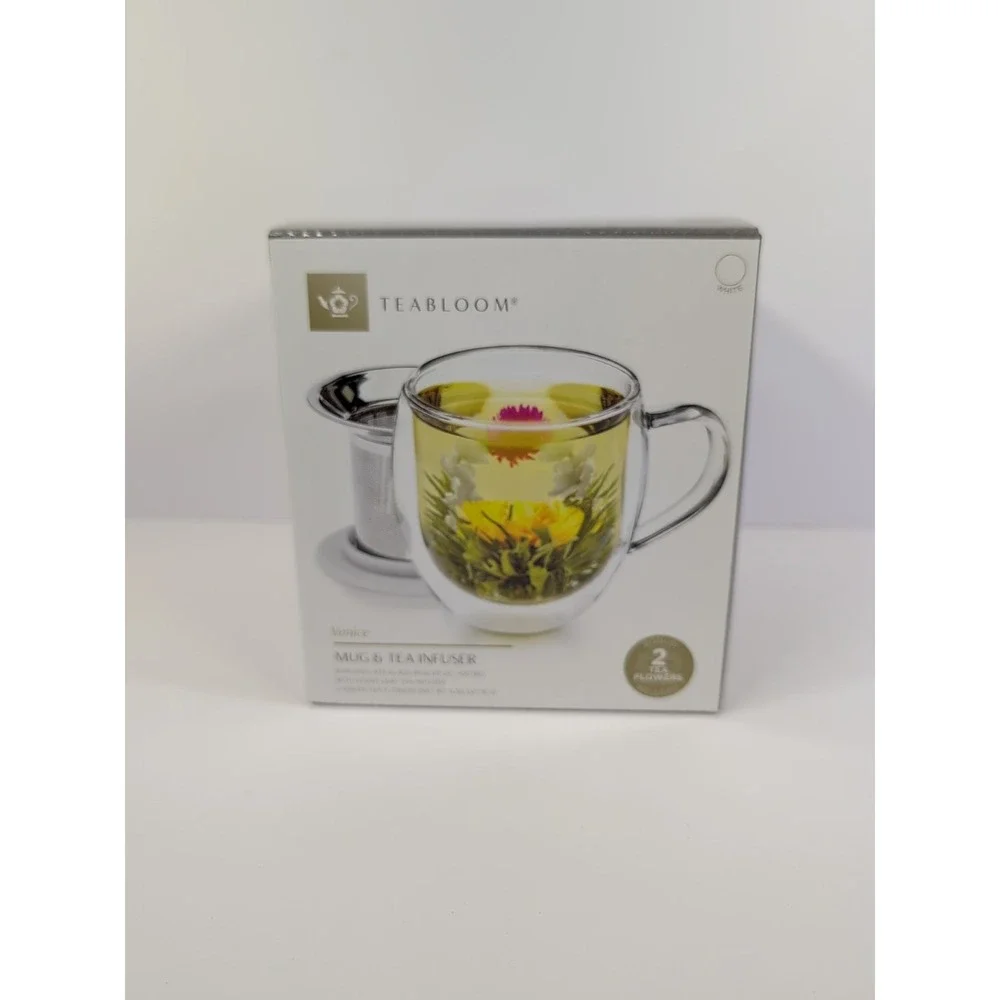 Teabloom VENICE Double Wall Glass Mug with Infuser & Lid/Coaster‎ White NEW